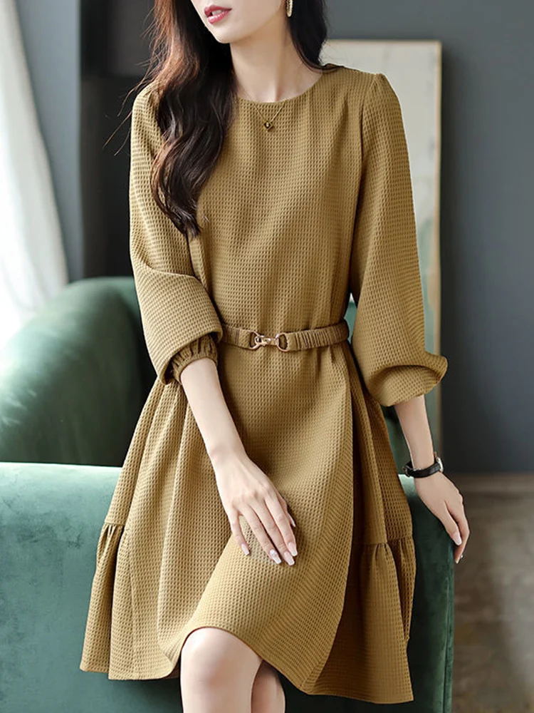 

Autumn Winter New Solid Elegant Fashion Chic Dress Women Long Sleeve Waist Loose Casual Vestidos De Fiesta Aesthetic Robe Femme