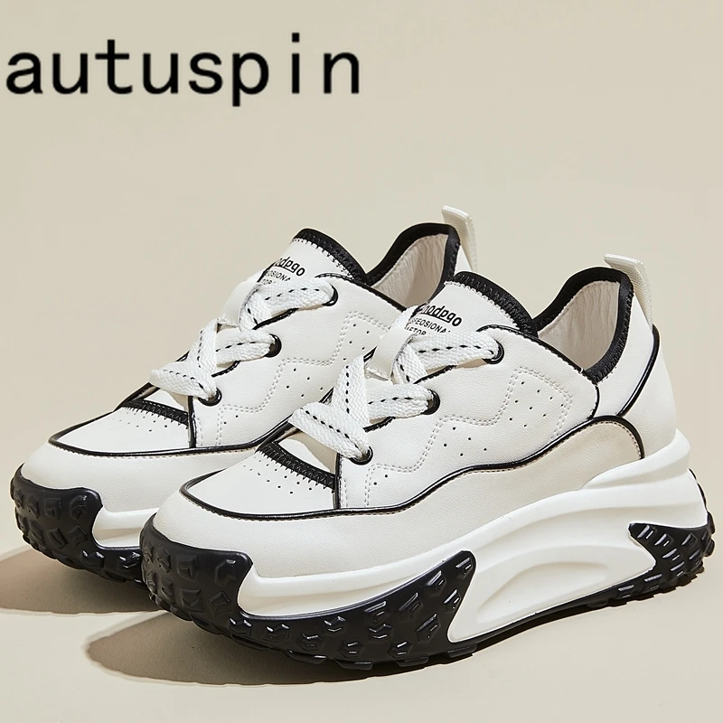 

AUTUSPIN Four Season Students Shoes Fashion Cross-tied Genuine Leather Women Vulcanized Sneakers Outdoor Casual Chunky Footwear