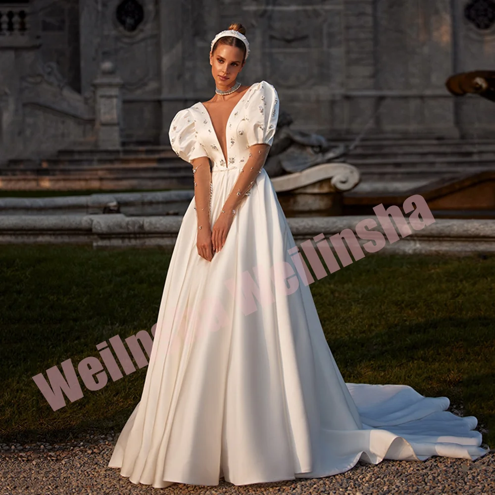 

Princess Wedding Dress Long Sleeves Pearls Stones Satin Bridal Dresses for Bride Sweep Train Open Back A Line Vestido De Noiva