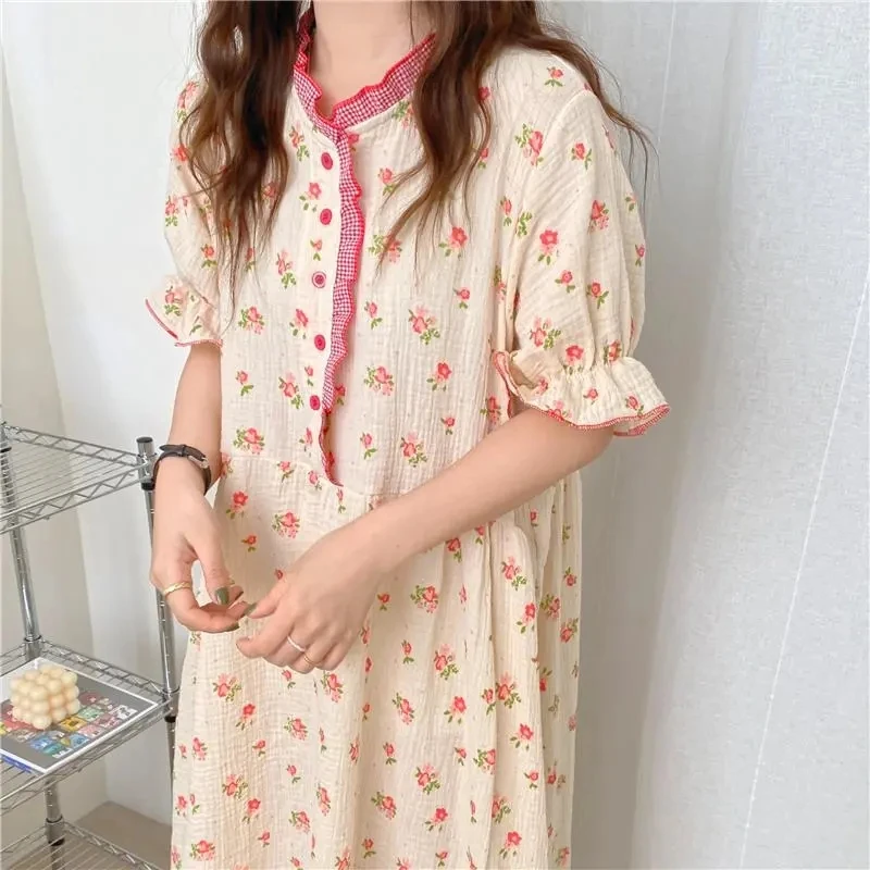 

QWEEK Cotton Sleepwear Women Korean Home Wear Floral Print Night Dress Kawaii Nightgrown Summer Nightwear Nightie Nighty Ladies