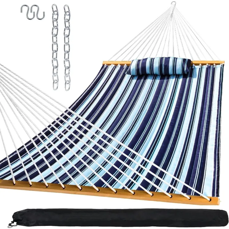 

Outdoor Quilted Fabric Hammock with Spreader Bars and Detachable Pillow and Chains,Outdoor Patio Backyard Poolside, 450 LBS