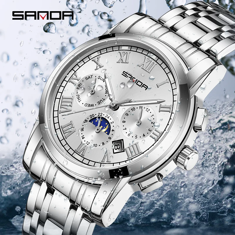 

2024 SANDA New Selling Steel Band Calendar Men's Watch with Three Eyes Six Needles Multifunctional Fully Automatic Mechanical