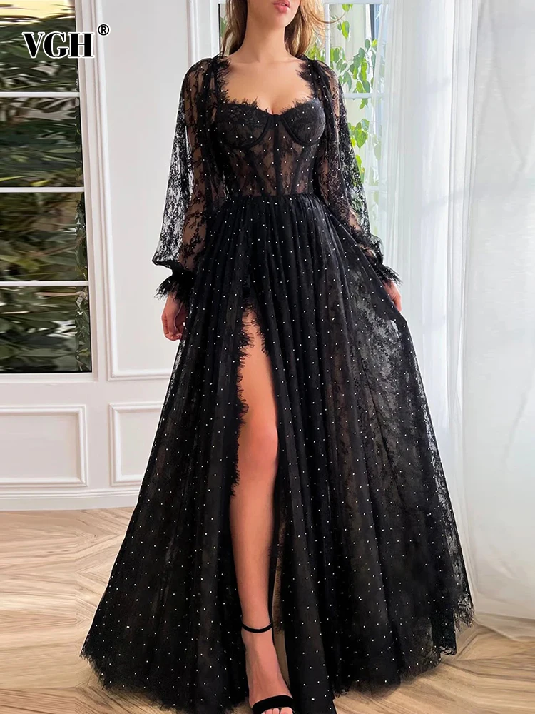 

VGH Solid Patchwork Sheer Mesh Sexy Dresses For Women Square Collar Long Sleeve High Waist Split Thigh Dress Female Fashion New
