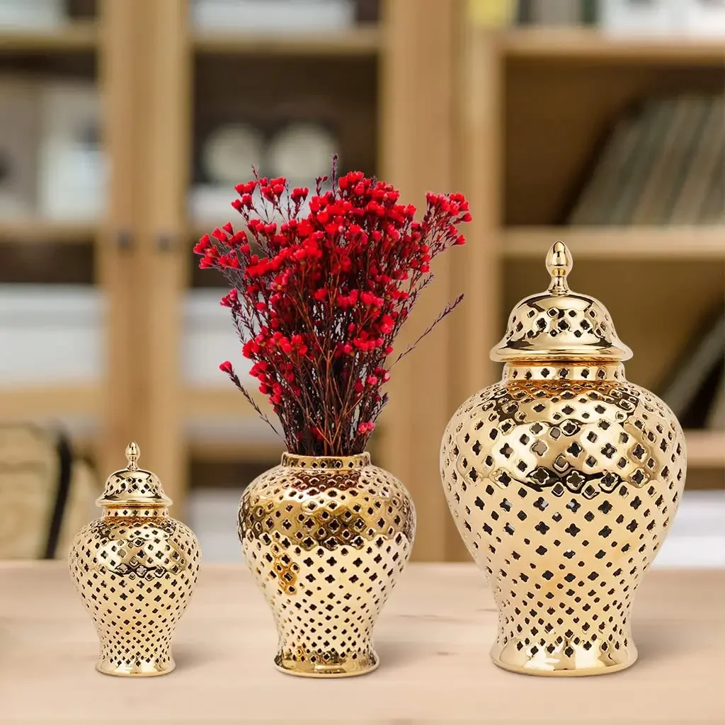 Pierced Gold Ceramic Vase Ginger Jar with Lid Hollow Out Storage Jar Bud Vase Carved Lattice Temple Jar for Room Home Decorative
Pierced Gold Ceramic Vase Ginger Jar with Lid Hollow Out Storage Jar Bud Vase Carved Lattice Temple Jar for Room Home Decorative