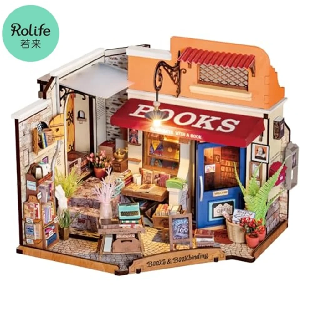 

Rolife DIY Miniature House Kit Corner Bookstore Wooden Dollhouse Model Building Kit with LED Lights for Children and Adults