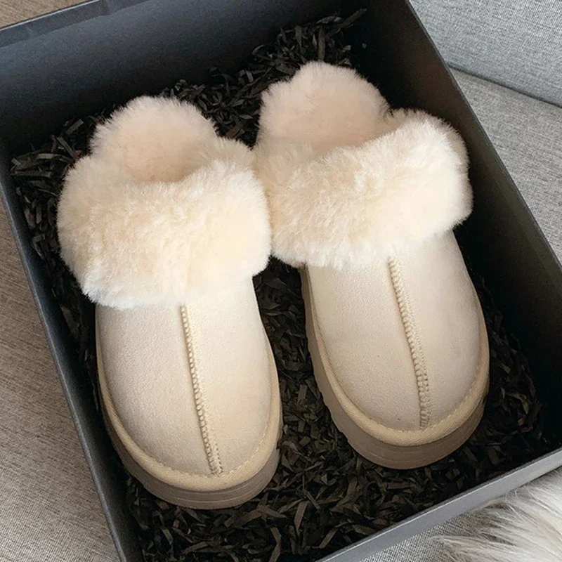 

Women Fur Slippers 2024 Winter Cotton Shoes Thick Sole Home Warm Toe Cap Semi Slipper Shoes Indoor Slingback Boots Flip Flops