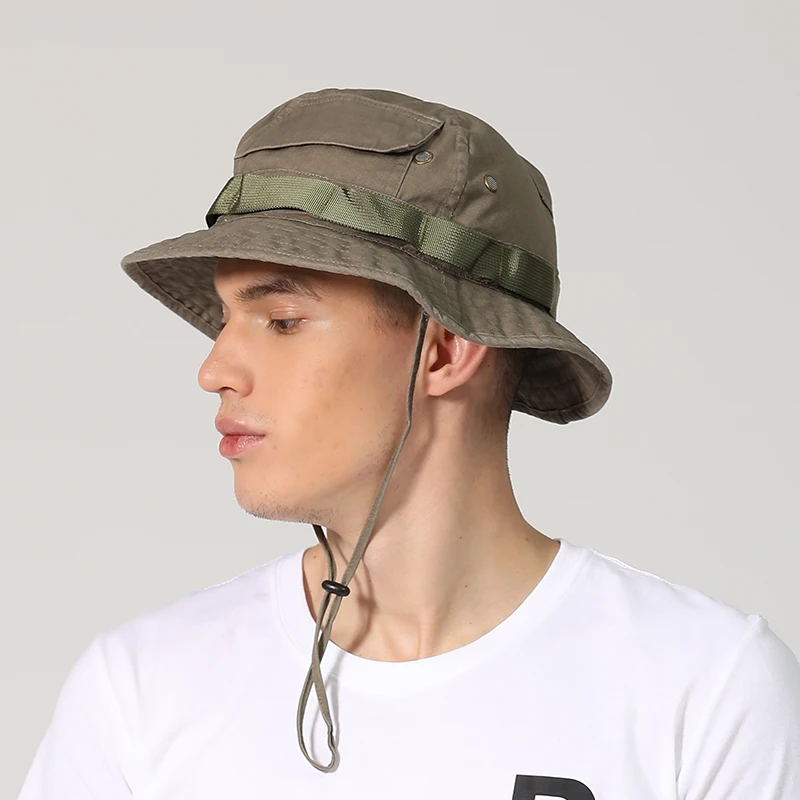 

Outfly Men Bucket Hat American Shade Bob Hat Adjustable Outdoor Camping Panama Fishing Hiking Jungle Hat with Wind Rope Cord