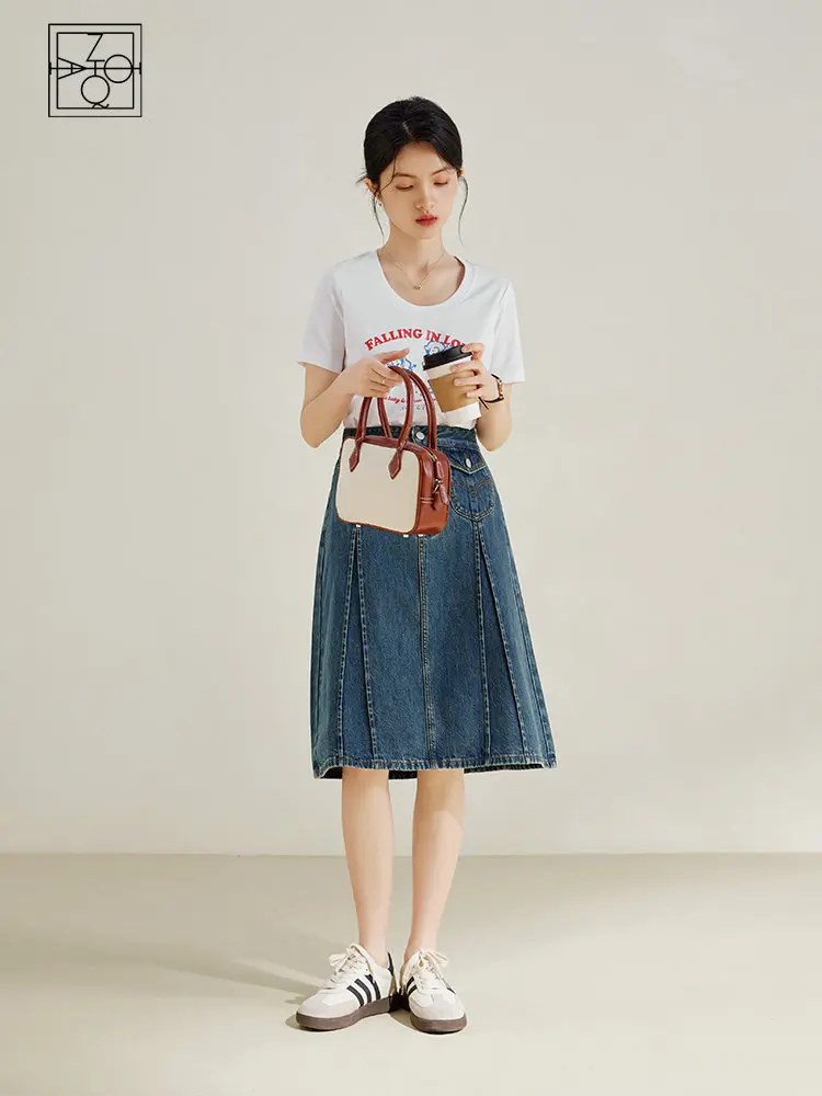 

ZIQIAO High Street Casual 100% Cotton Denim Skirt for Women Summer New Mid-length Slim and Versatile A-line Skirt Female