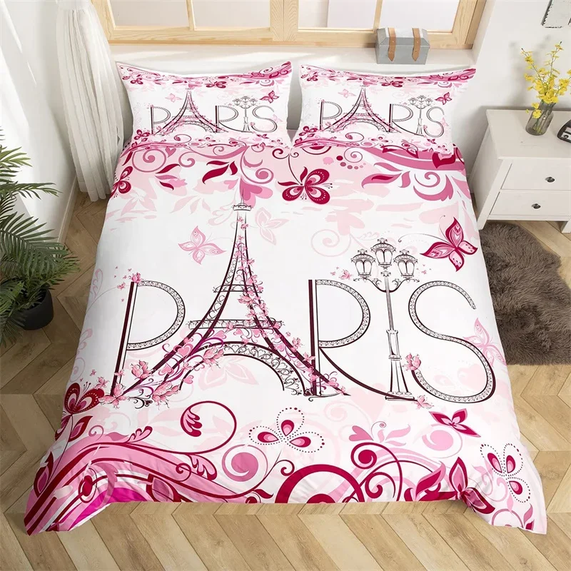 

Eiffel Tower Duvet Cover Set Twin King Size Paris Tower Comforter Cover Microfiber Flower Butterfly Bedding Set For Girls Teens