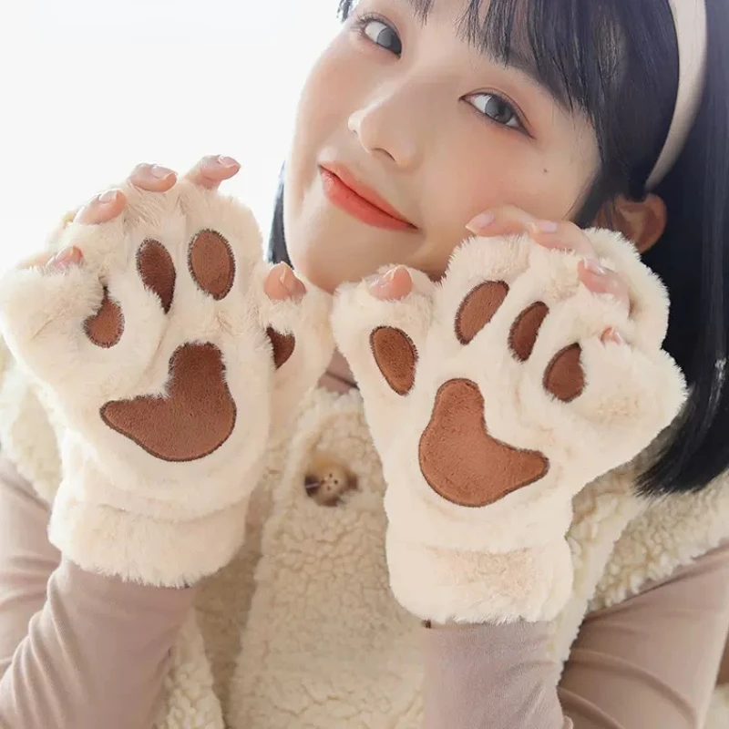

New Winter Gloves Women Bear Plush Cat Paw Claw Gloves Cute Kitten Fingerless Mittens Christmas Halloween for Girls Gift Gloves