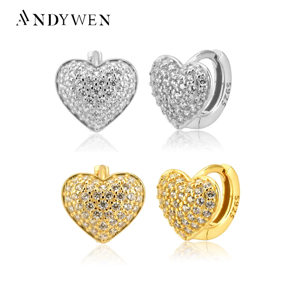 

ANDYWEN 925 Sterling Silver Heart Zircon CZ Huggies Hoops Shape Big Love Thickness Loops Circle Round Women Crystal Jewelry