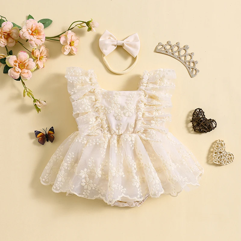 

Baby Girl 2Pcs Summer Outfits Ruffle Sleeve Square Neck Lace Romper Dress with Headband Set Sweety Baby Mesh Lace Bodysuits