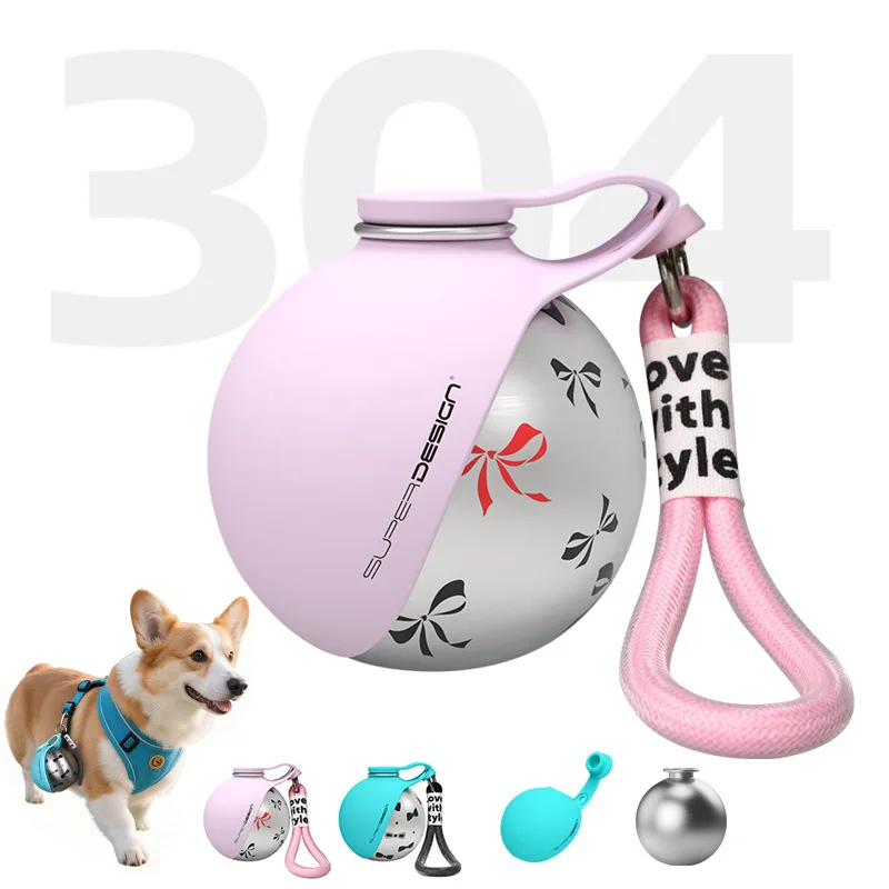 Portable Dog Water Bottle | 2-in-1 Water Bottle for Small Dogs - Leak-Proof A promotional graphic featuring a pink bow-patterned water bottle with a large "304" in the background, indicating stainless steel material. Smaller icons at the bottom show the various color options and the separate components of the bottle.