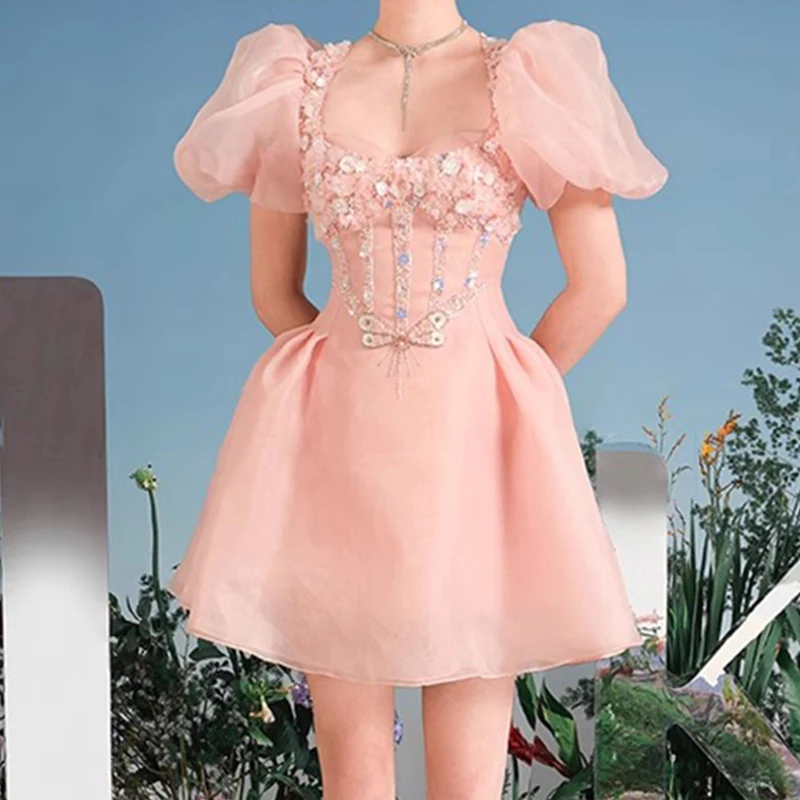 

Женское винтажное платье с бусинами, розовое элегантное платье с блестками, Роскошная вечерняя одежда с пышными рукавами для лета, 2023