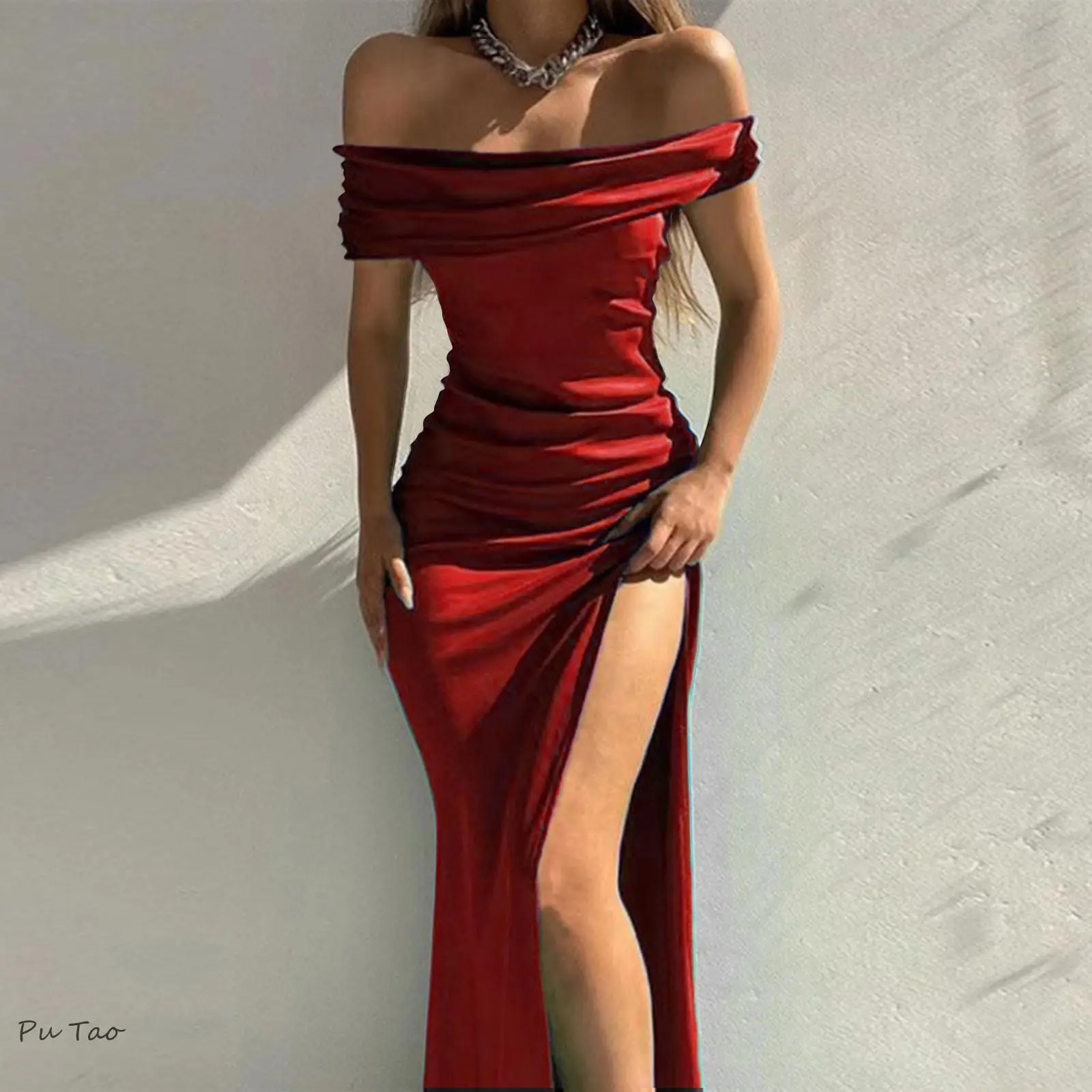 

Women's Formal Prom Dresses Fashion Solid Color Off Shoulder Satin Slit Midi Cocktail Dress Elegant Party Evening Dress 2024