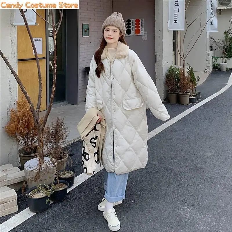 

Female Warm Long Cotton Overcoat Single Breasted Fur Collar Oversize Rhombus Pattern Long Parkas Pocket
