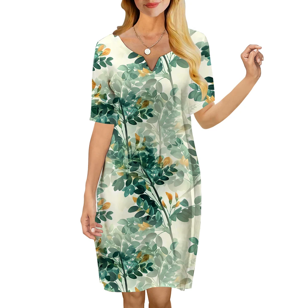 

CLOOCL Women Dress Green Leaves Pattern 3D Printed V-Neck Loose Casual Short Sleeve Shift Dress for Female Dresses Sexy Dress