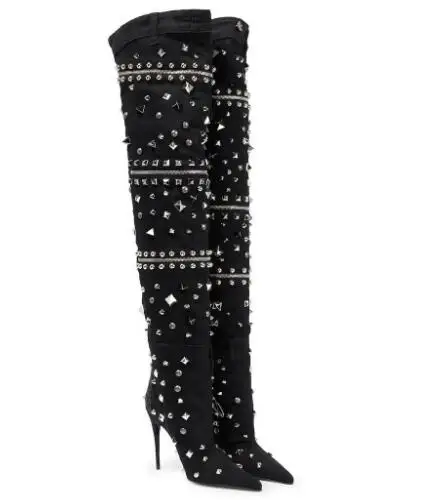 

Зимние женские черные джинсовые сапоги выше колена с острым носком и заклепками в стиле панк, женские сапоги до бедра на высоком каблуке-шпильке с шипами