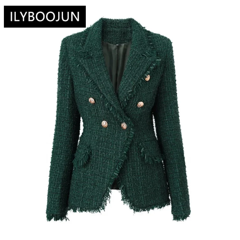 

New Winter Thick Fabric Woolen Luxury Design Tassel Patckwork Vintage Dark Green Tweed Women Slim Blazers For Women 2023 Luxury