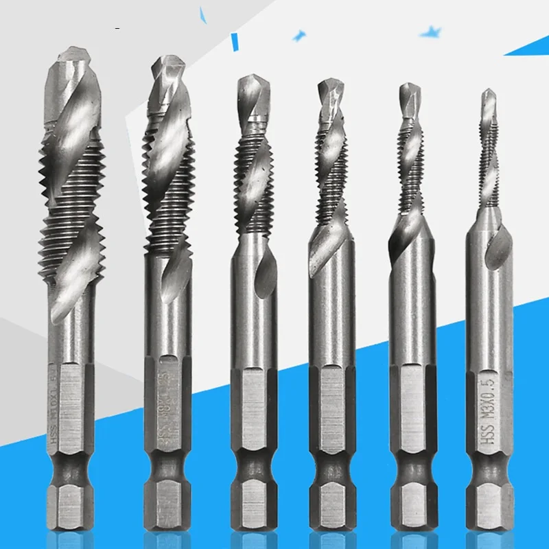 

6pc/set 1/4" 6.35mm Hex Shank HSS Drill Bits Screw Thread Imperial Spiral Hand Plug Wire Tap Drilling Tapping Cutting Set