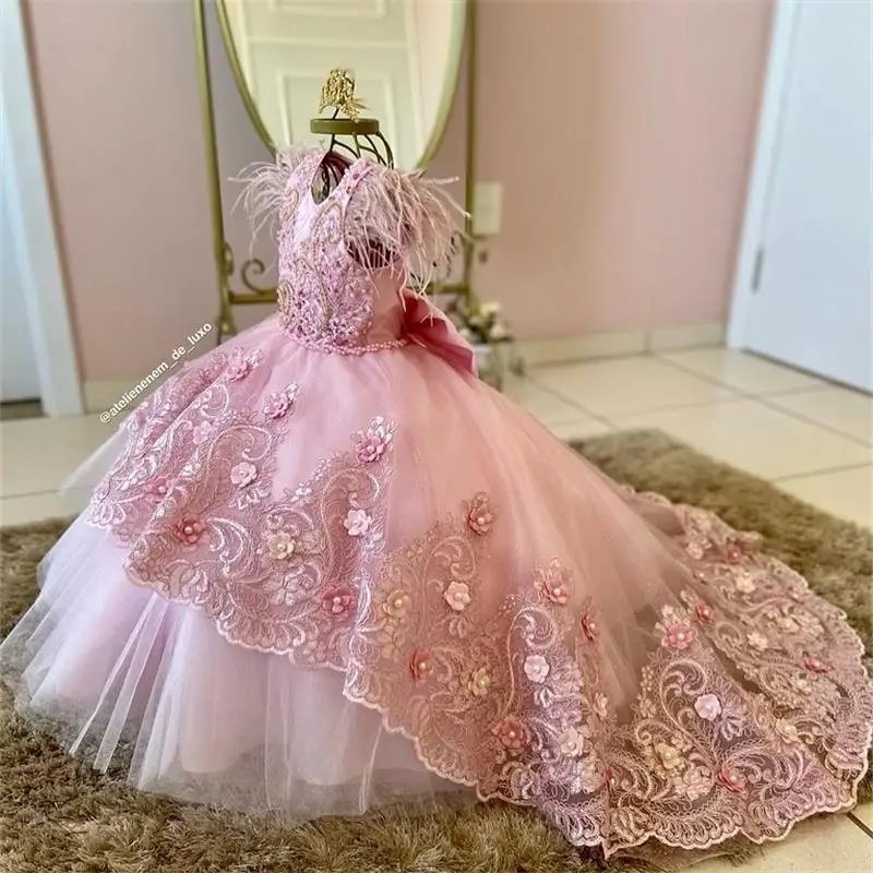 

Pink Feather Flower Girl Dresses For Photoshoot Lace Litter Kids Pageant Gown Birthday Party Wedding First Communion Dress