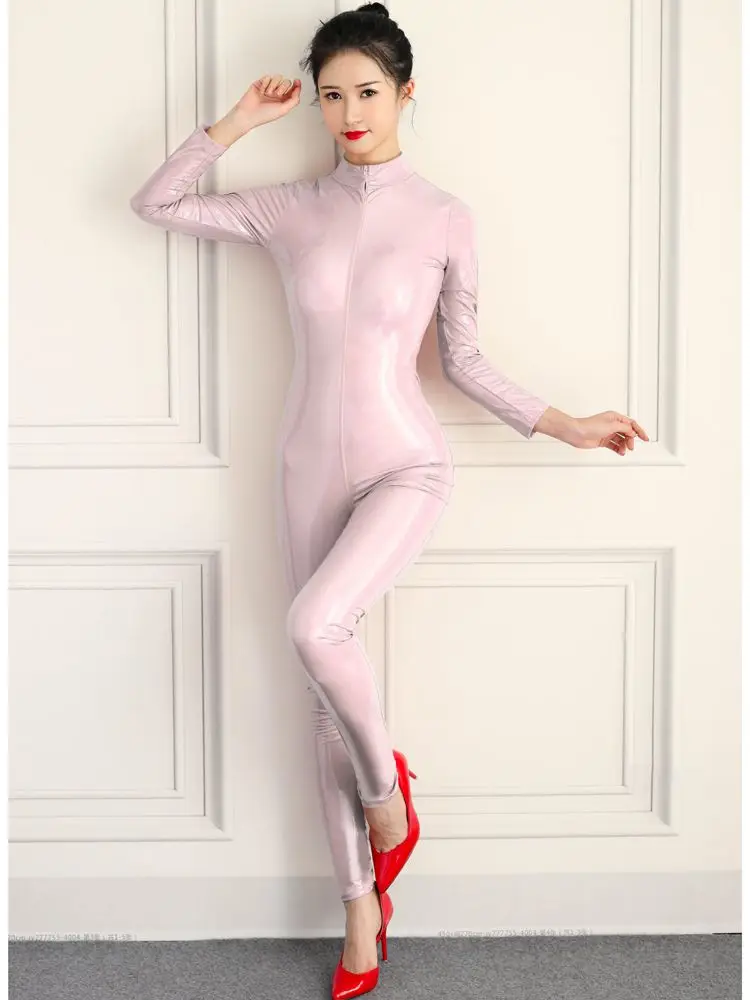 

S-5XL Long Sleeve Wet Look PVC Catsuit Shiny PU Leather 2 Zipper Open Crotch Bodysuit Tight Sexy Leotard Conjoined Jumpsuit Body