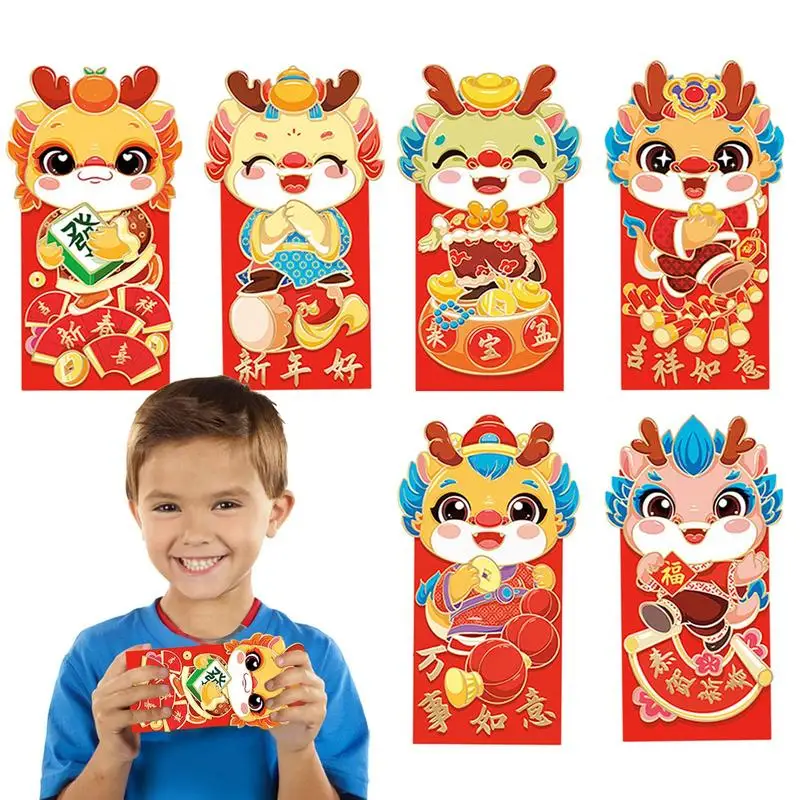 

Dragon Red Envelope 6Pcs 3D Lucky Money Envelopes Dragon Red Packet Cute Cartoon Year of The Dragon 2024 Envelopes for Spring