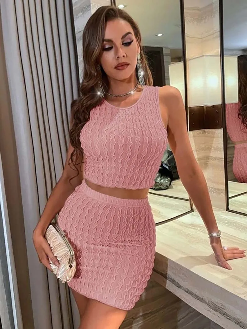 

Women's Sexy Round Neck Tank Top and High Waist Skirt Set, Slim Fit, Wrapped Hip, Summer, New, 2 Pcs Set