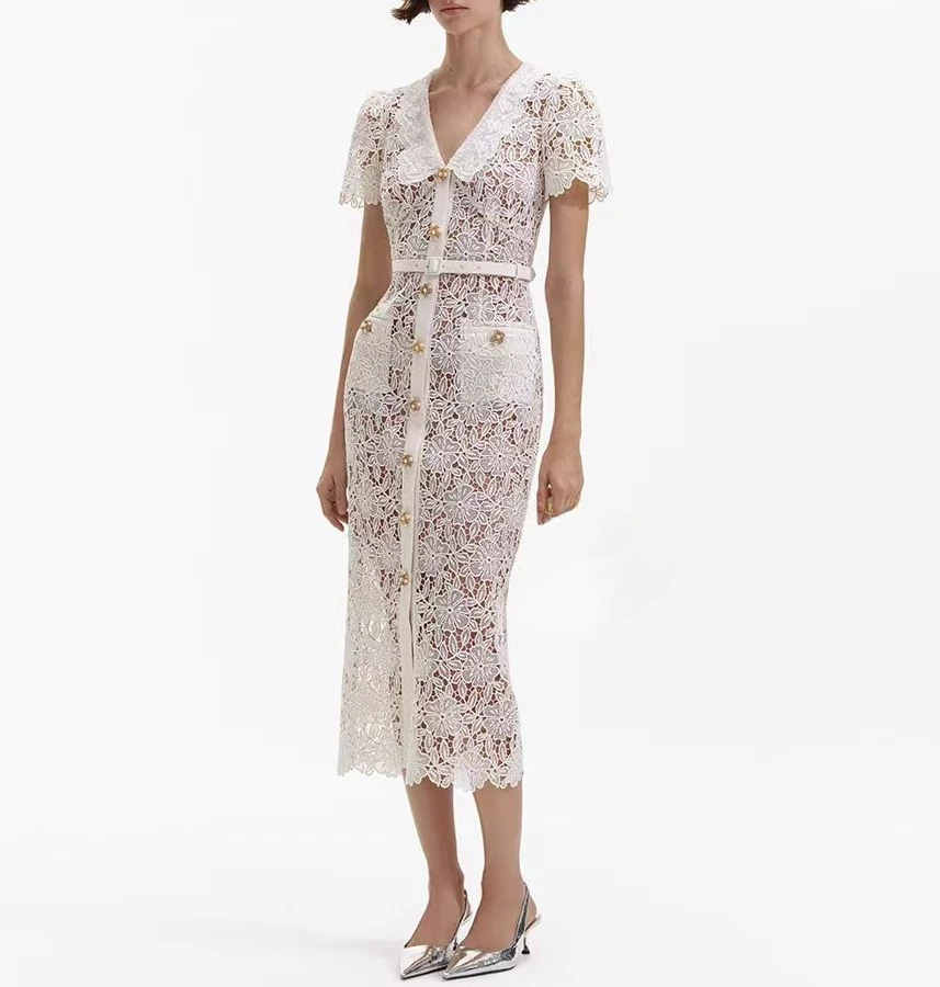 Summer 2024 Women White Lace Patchwork Short Sleeve Self Tie Belt At Waist See Through Front Buttons Closure Elegant Midi Dress
Summer 2024 Women White Lace Patchwork Short Sleeve Self Tie Belt At Waist See Through Front Buttons Closure Elegant Midi Dress