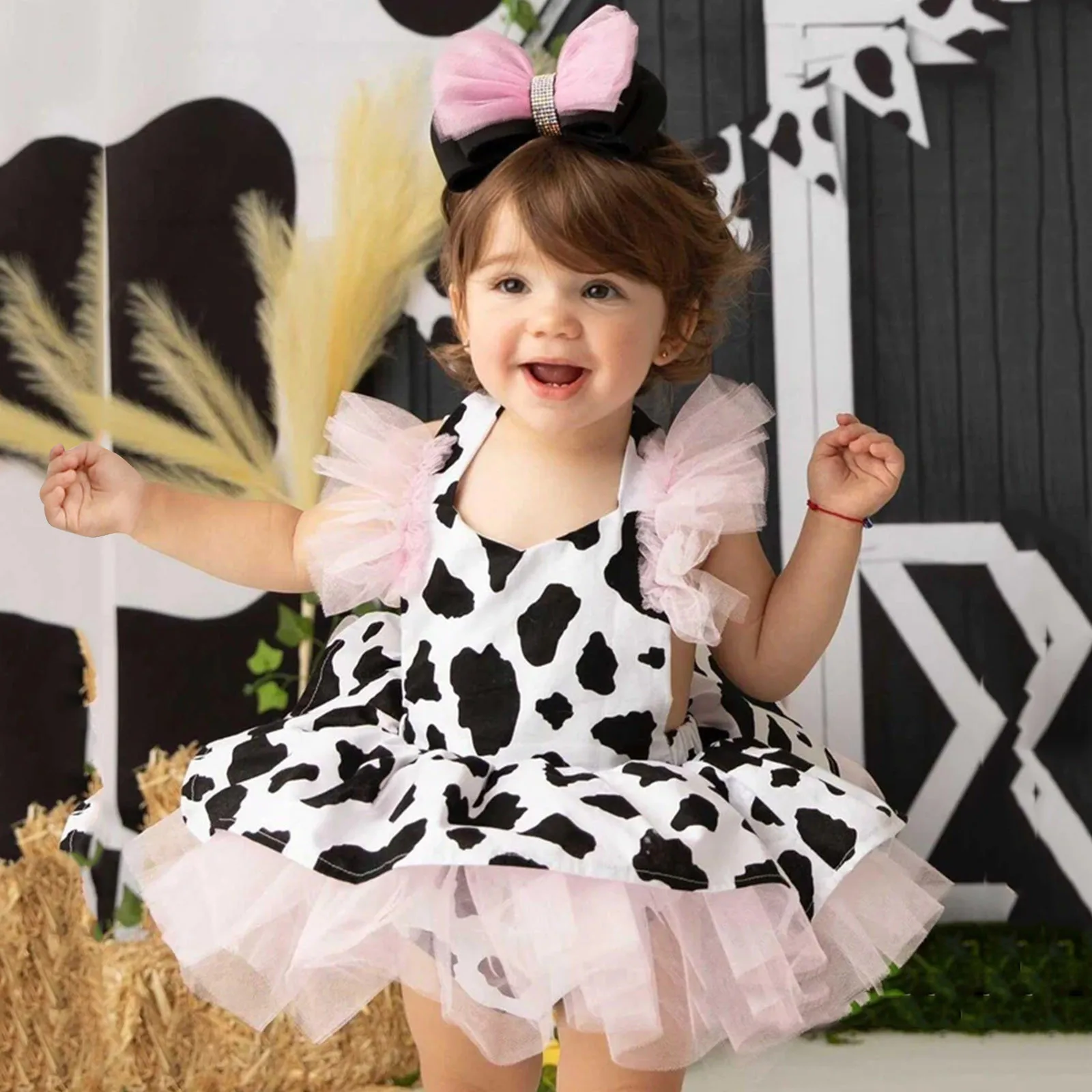 

Toddler Baby Girls Romper Dress Headband Sets Infant Cow Print Tulle Clothes Newborn Sleeveless Tutu Dresses Hair Band Outfits