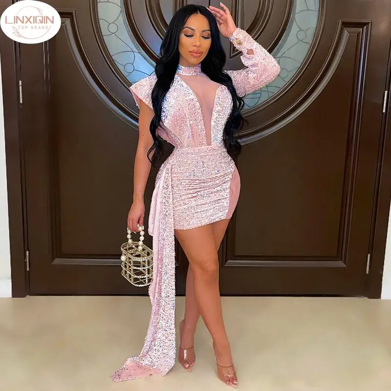 LINXIQI Sheer Mesh Patchwork Sequins Ribbon Mini Party Dress Women Sexy Mock Neck One Shoulder Long Sleeve Bodycon Club Vestidos
LINXIQI Sheer Mesh Patchwork Sequins Ribbon Mini Party Dress Women Sexy Mock Neck One Shoulder Long Sleeve Bodycon Club Vestidos