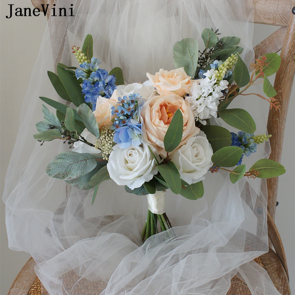 

JaneVini 2023 White Blue Bride Holding Flowers Artificial Rose Wedding Bouquet Champagne Leaves Bridal Bridesmaid Flower Bouquet