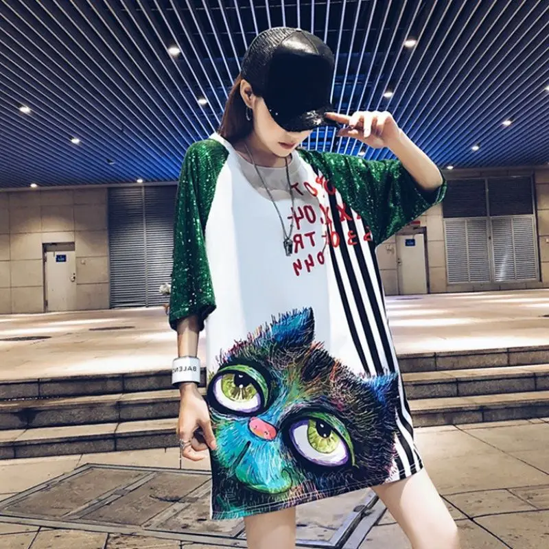Fashion Women Pullovers Print Sequins Straight Long T Shirt Dress Stage Nightclub Party Loose Long Tees All-Match Clothes
Fashion Women Pullovers Print Sequins Straight Long T Shirt Dress Stage Nightclub Party Loose Long Tees All-Match Clothes
