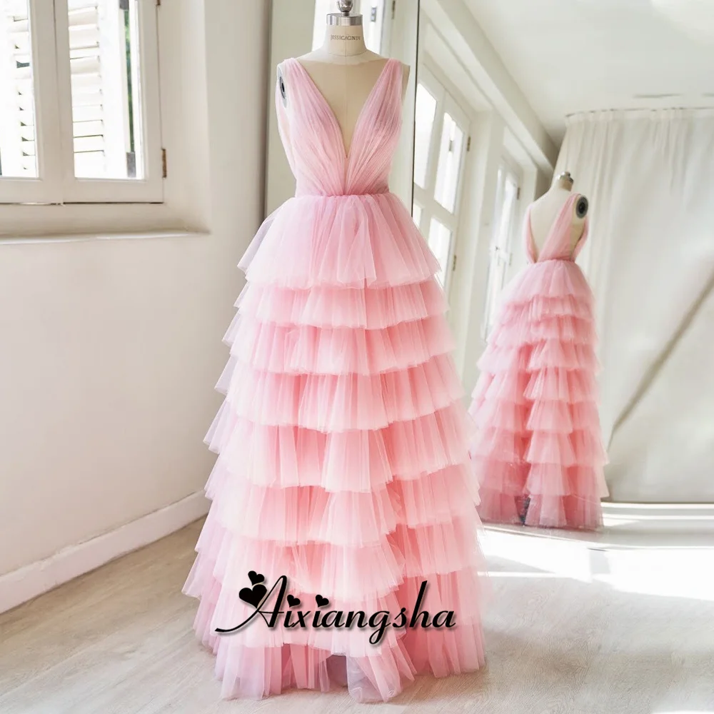 

Aixiangsha Latest Tiered Prom Dresses Deep V-Neck Pleat Bustier Frilled Sleeveless Formal Occasion Robe de Soriee Drop Shipping