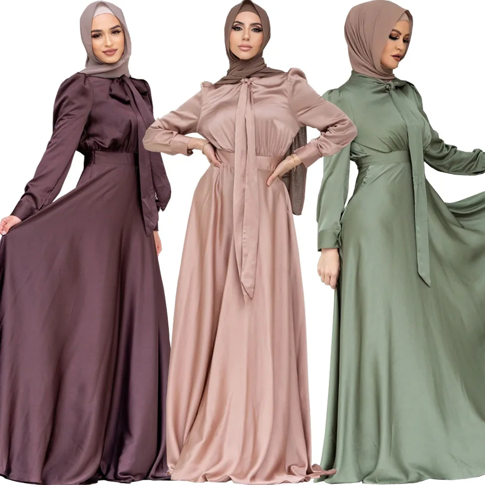 

Plain Satin Abaya Women Muslim Long Sleeve Maxi Dress Arabic Turkish Islamic Clothing Dubai Robe Turkey Caftan Femme Musulmane