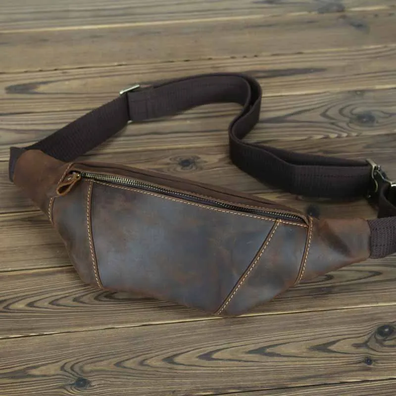 

Crazy Horse Leather Men's Waist Bag Mini Travel Fanny Chest Pack Cowhide Belt Bag Male Small Waist Bag For Phone Pouch