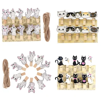 귀여운 흑백 고양이 나무 클립, 사진 종이, 옷핀 공예 클립, 파티 장식 클립, 대마 로프 포함, 10 개/로트