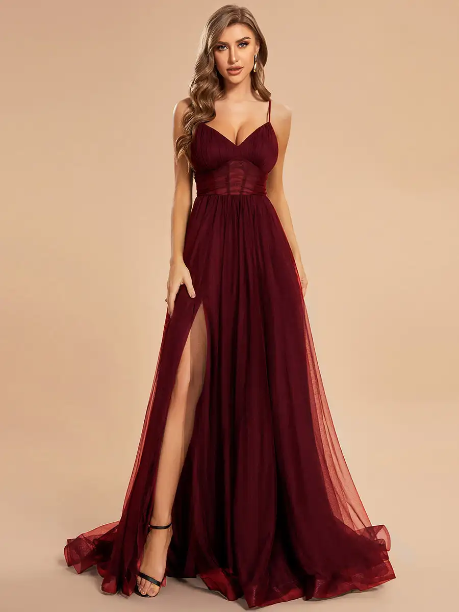 

Sexy Evening Dress Deep V-neck See Through Spaghetti Strap High Split Tulle 2024 Ever Pretty of Burgundy Sheer Bridesmaid Dress