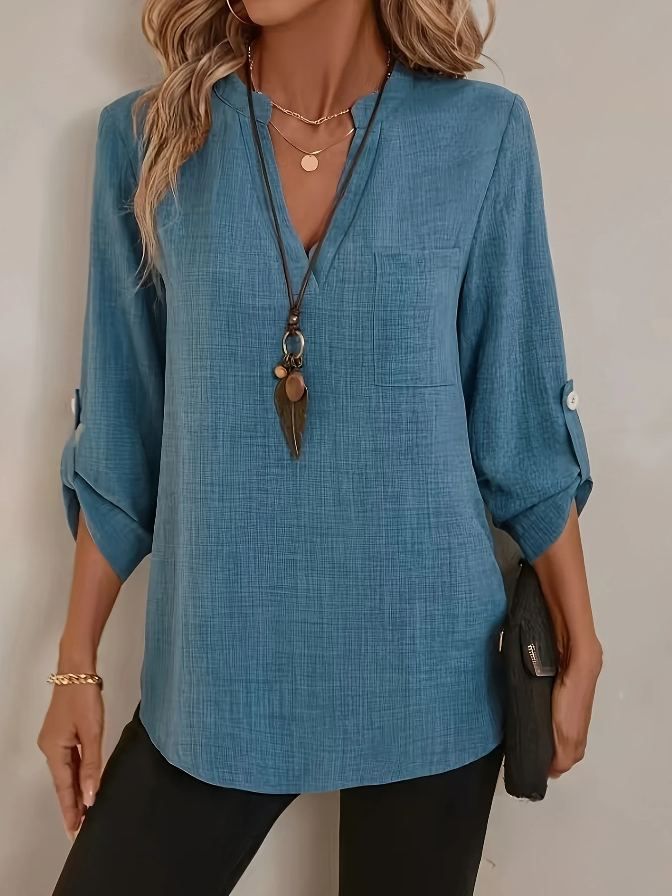 Solid Casual Loose Blouse Women with Oversized V-neck Pullover