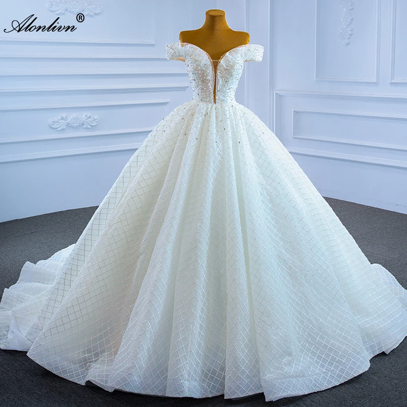 

Alonlivn Sweetheart Luxury Lace Vestido De Noiva Ball Gown Wedding Dresses Beading Pearls Off The Shoulder Bridal Skirts