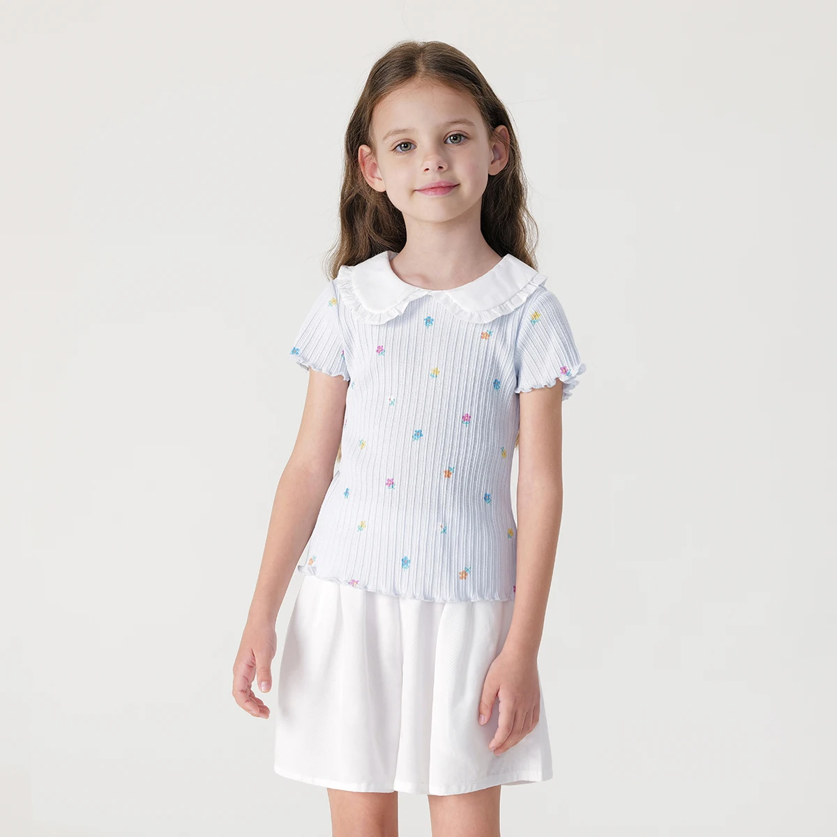

MARC&JANIE Girls Full Bottom Floral Doll Collar Short Sleeve T-shirt Children's Cotton Top for Summer 240760