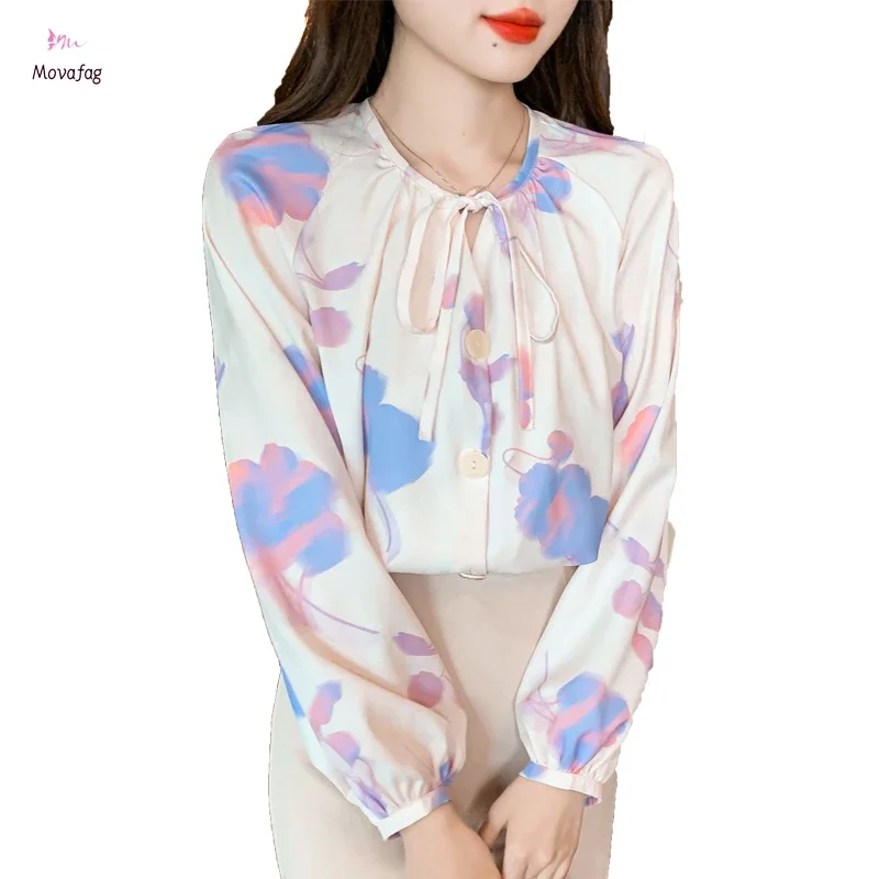 

Satin Long Sleeve Women's Blouse 2024 Summer New Silk V-neck Lace-up Shirt South Korea Fashion High-end Elegant Top