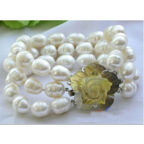 

Favorite Pearl Jewelry,3Row 8'' 10-14mm White Rice Freshwater Cultured Pearl Bracelet,Charming Wedding Birthday Party Lady Gift