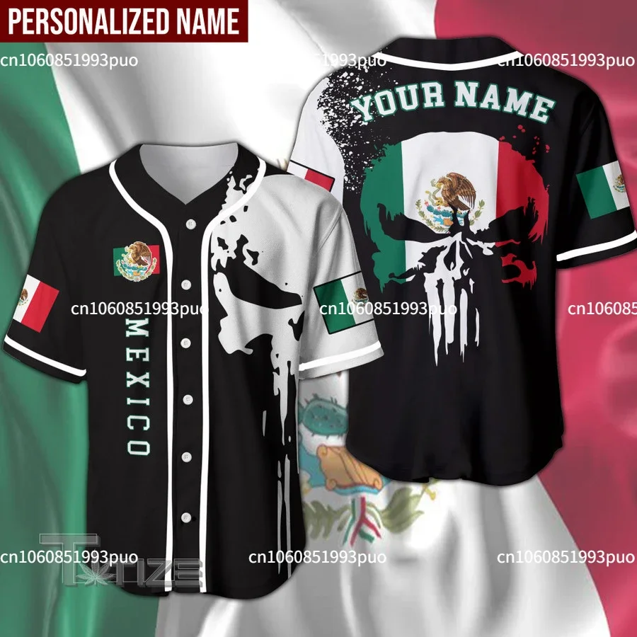

Бейсбольная рубашка с мексиканским флагом и черепом с именем на заказ, Мужская футболка с 3D принтом, Повседневная рубашка, топы в стиле хип-хоп