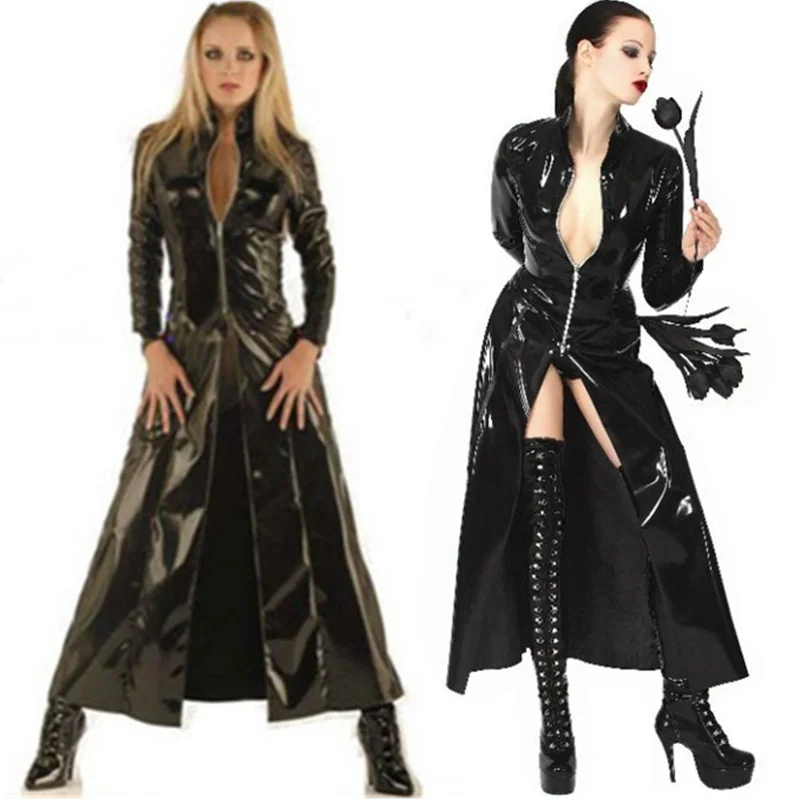 

Plus Size Leather PU Wet Look Women and Men Black Full Length Coat Long Gown Coat Faux Leather PU Coat Long Trench Coat