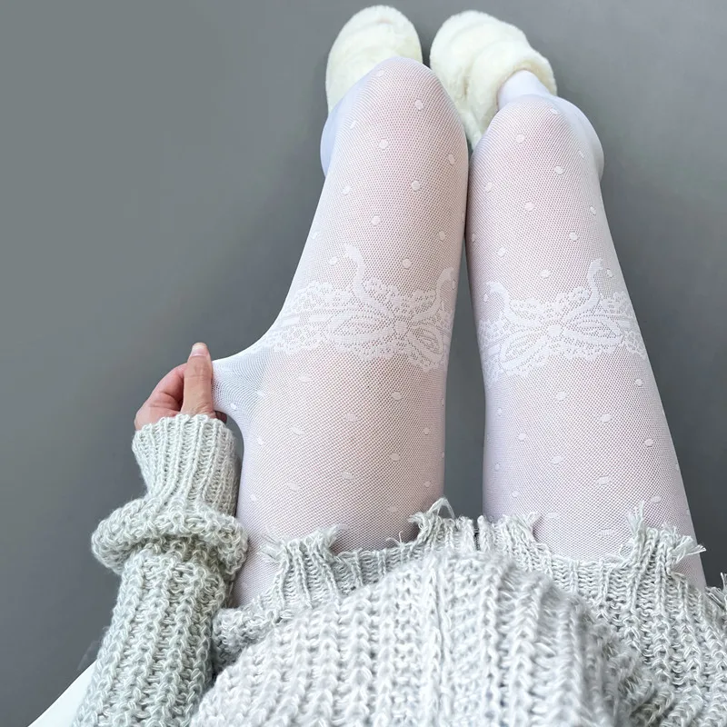 

White Polka Dot Jacquard Lolita Silk Stockings Fashion Retro Thigh Bowknot Pattern Hottie Sexy Thin Sheer Tights