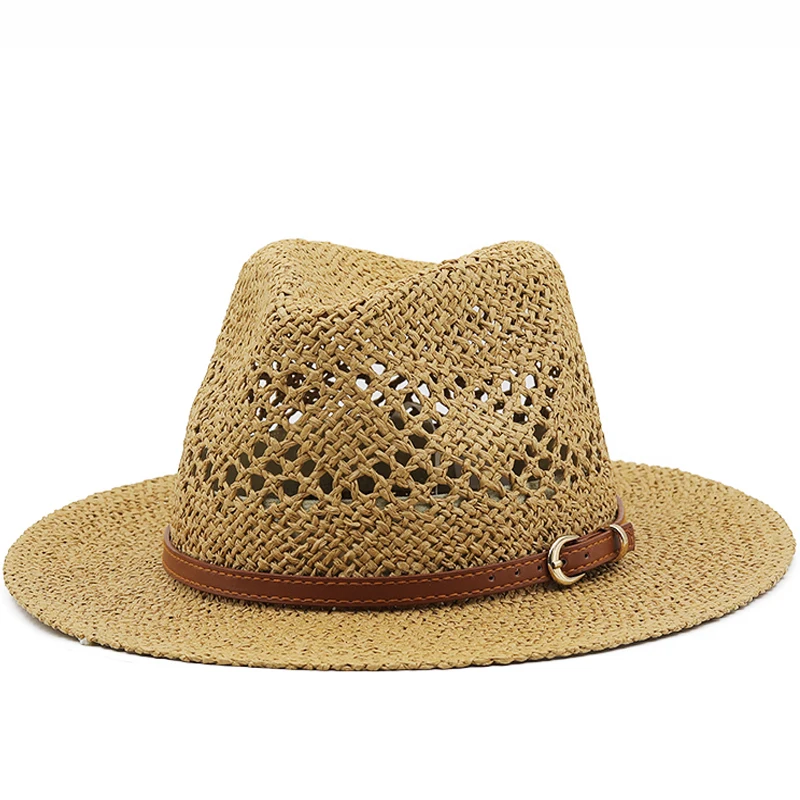 

Fashion Hollowed Handmade Cowboy Straw Hat Women Men Summer Outdoor Travel Beach Hats Unisex Solid Western Sunshade Cap