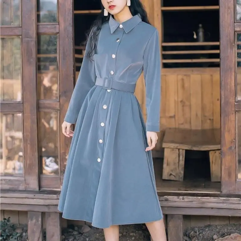 

Autumn Winter New Corduroy Waistband Sashes Slim Dress Women's Vintage Elegant Gentle Solid Polo Neck Button Long Sleeve Dresses