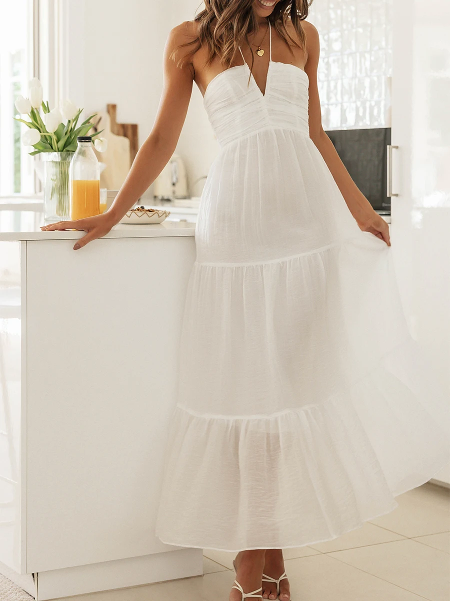Women A-line Long Dress Solid Tie-Up Halter Neck Sleeveless Backless Elegant Party Dresses Beachwear Summer Casual Sundress
Women A-line Long Dress Solid Tie-Up Halter Neck Sleeveless Backless Elegant Party Dresses Beachwear Summer Casual Sundress