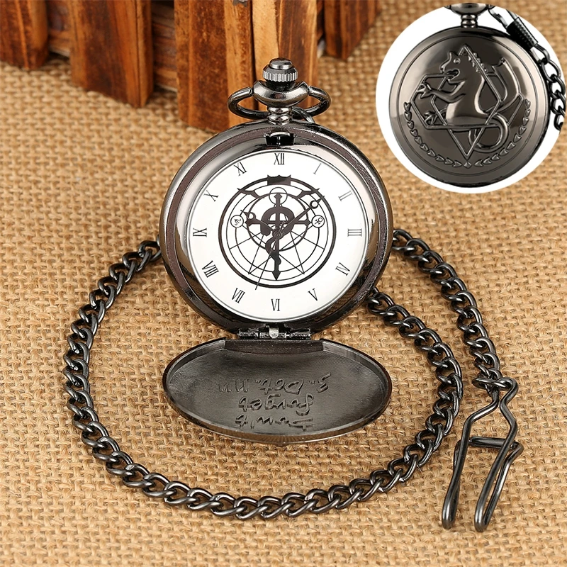 

Vintage Black Fullmetal Alchemist Quartz Pocket Watch Steampunk Popular Edward Elric Necklace Chain Fans Cosplay Anime Clocks